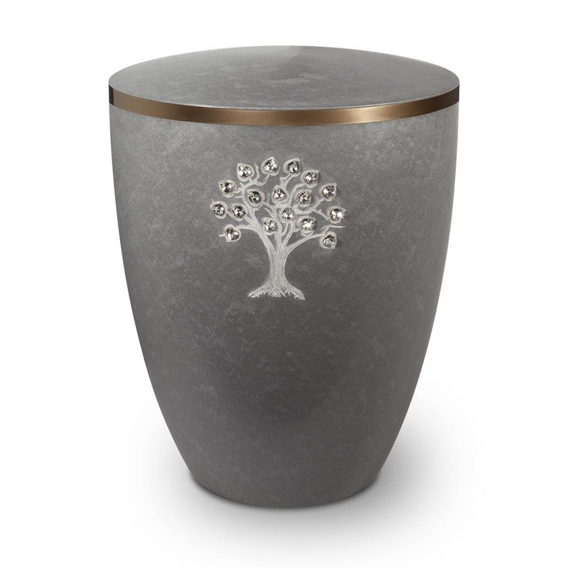 Gravur Urne-–-Lebensbaum-–-Silber-swarovskiherzen-mit-dekorring-gold-9mm