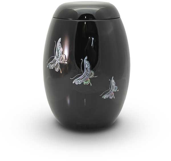 Glasfaser Urne schwarz mit Motiv Schmetterlinge