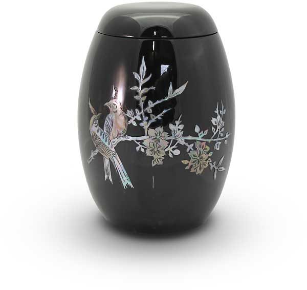 Glasfaser Urne schwarz mit Motiv Vogel auf Zweig