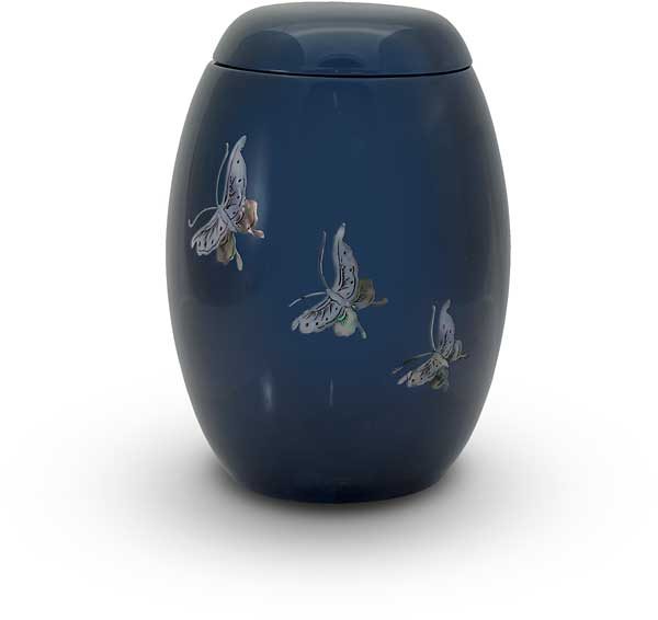 Glasfaser Urne blau mit Motiv Schmetterlinge